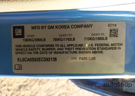 2014 Chevrolet Spark Ls Manual from USA, damaged, VIN KL8CA6S92EC592136